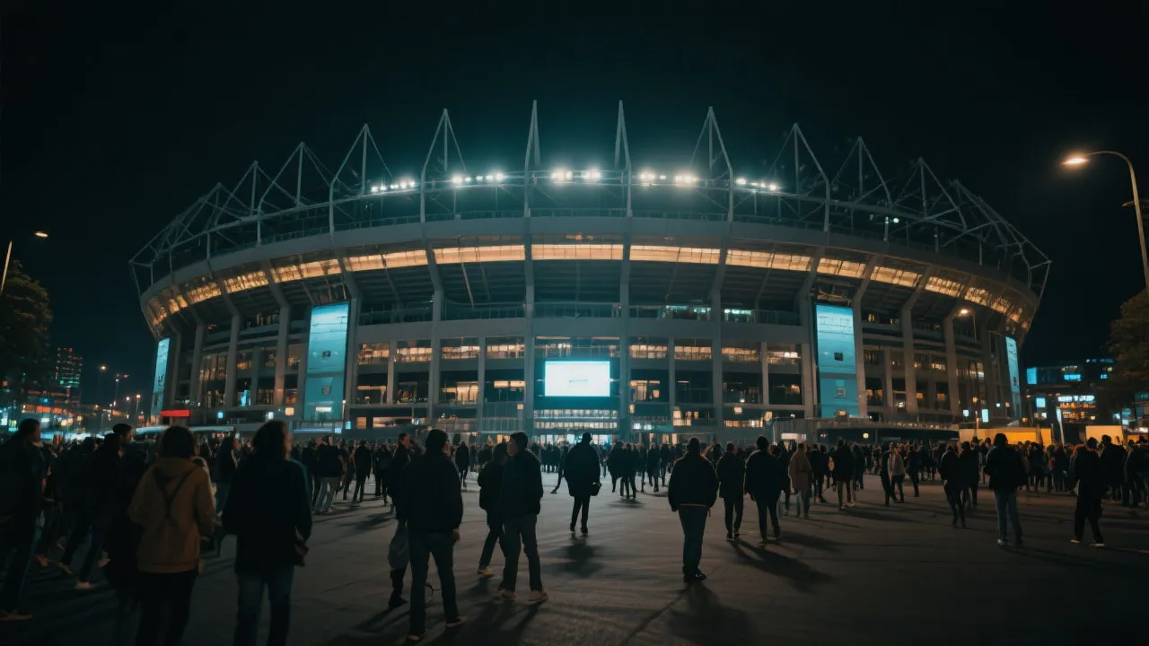 夜晚球场外的球迷人流与城市灯光，旅行指南氛围